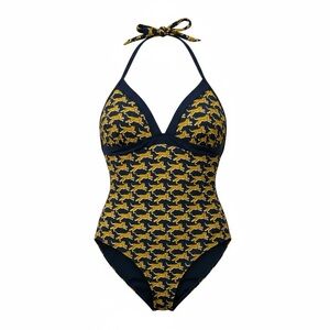 Boden Navy Spotted Cheetah One-Piece Halter Top Swimsuit Plus Size 16-18